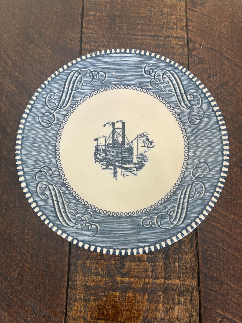 Vintage Blue White Steamboat Saucer Currier & Ives Royal China 6”